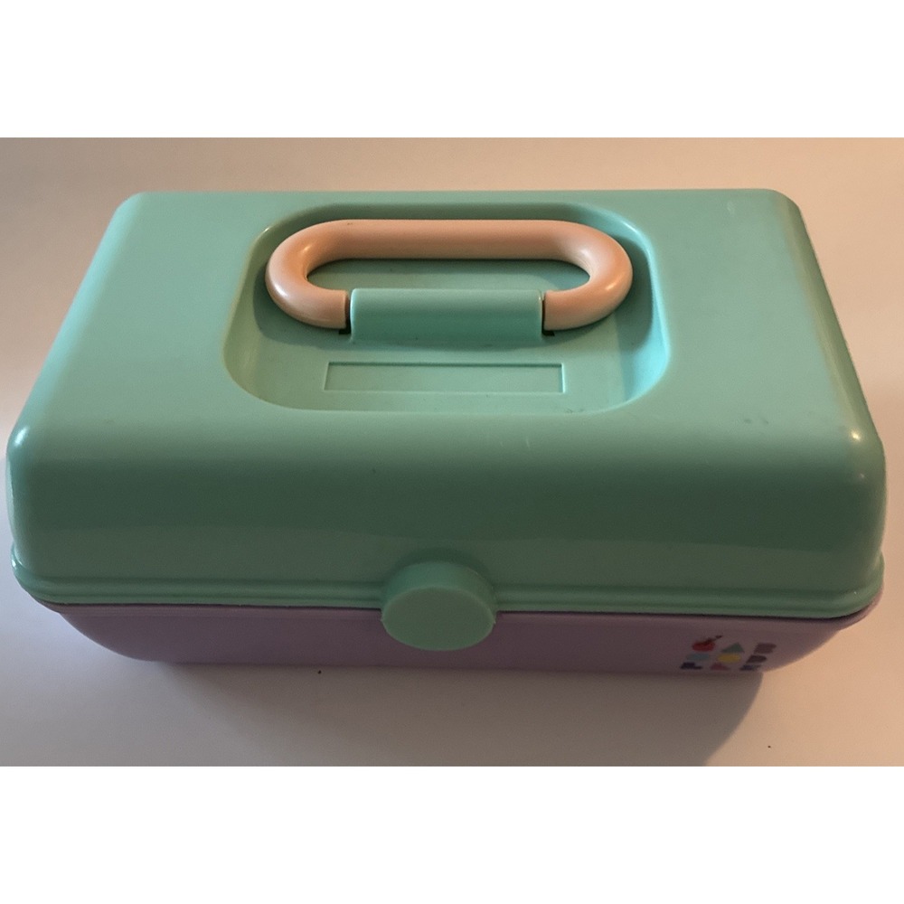 Vintage CABOODLES Small Makeup Case Mini Size Purple Teal White 9" L X 4" H